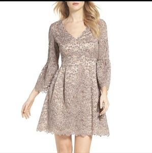 Eliza J Lace Overlay Fit & Flare Dress Mauve Nude Floral Bell Sleeve Cocktail 14